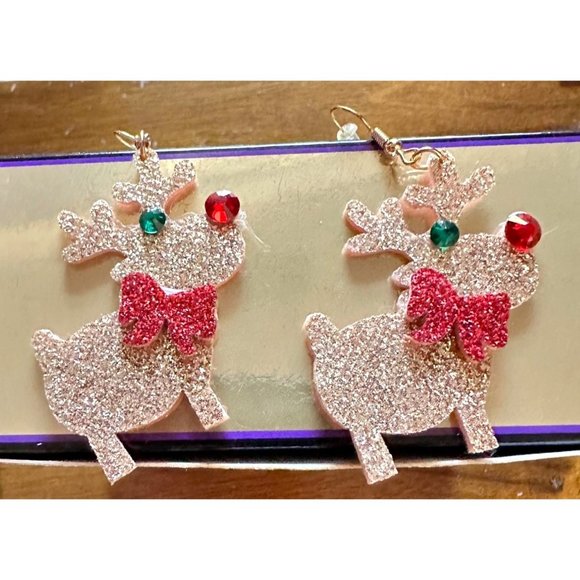 Rudolph Reindeer Earrings Handmade Christmas Whimsical Hooks Glitter Acc… - Picture 3 of 12